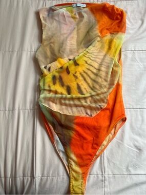 Zara Orange, Yellow & Peach Sheer Draped Bodysuit